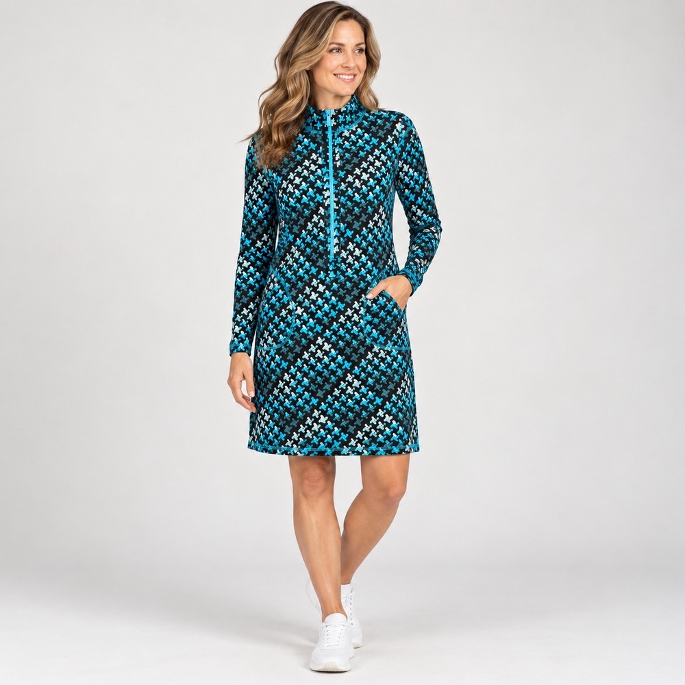 Kevan Hall Sport Dress Women M Blue Pixel Print Quarter Zip Mock Neck Pockets